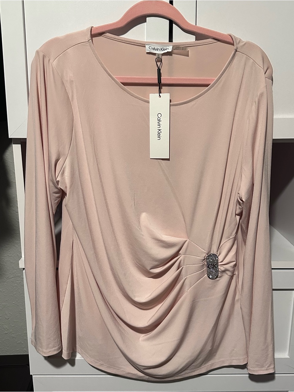 NWT Calvin Klein Blush Pink Draped Rhinestone Logo Long Sleeve Top XL